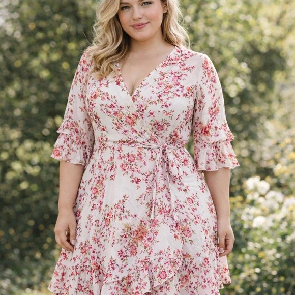 Calvin Klein Wrap Dress W 12 Floral Ruffle/Tear Sleeve Brunch Coquette Derby Tea - Picture 7 of 11